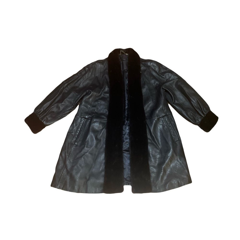Leather Faux fur Black Drawstring Waist Coat Jacket Vintage 80s Throwback
